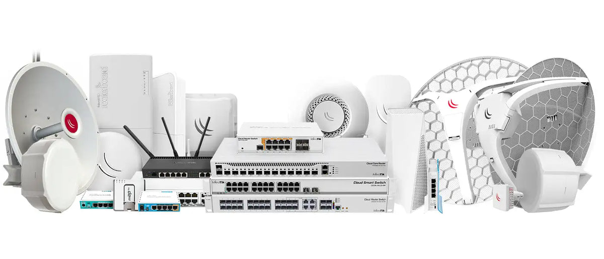 White network hardware equipment including routers, switches, and antennas
